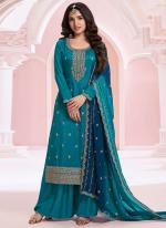 Vichitra Aqua Blue Ceremonial Wear Embroidery Work Plazzo Suit